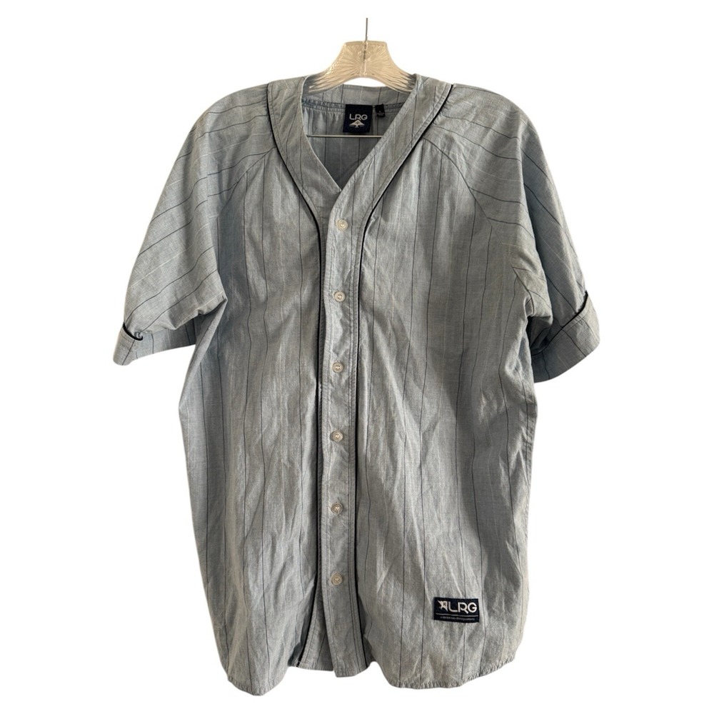 LRG Men's Light Blue Striped Button Up Jersey-LARGE